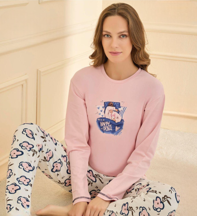 Дамска памучна пижама с дълъг ръкав 90781