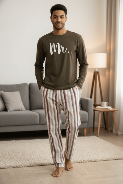 Мъжка памучна пижама с дълъг ръкав 8845