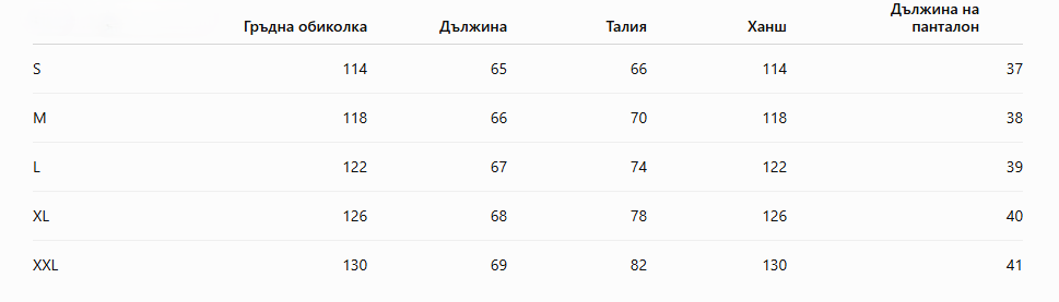 Таблица за размери